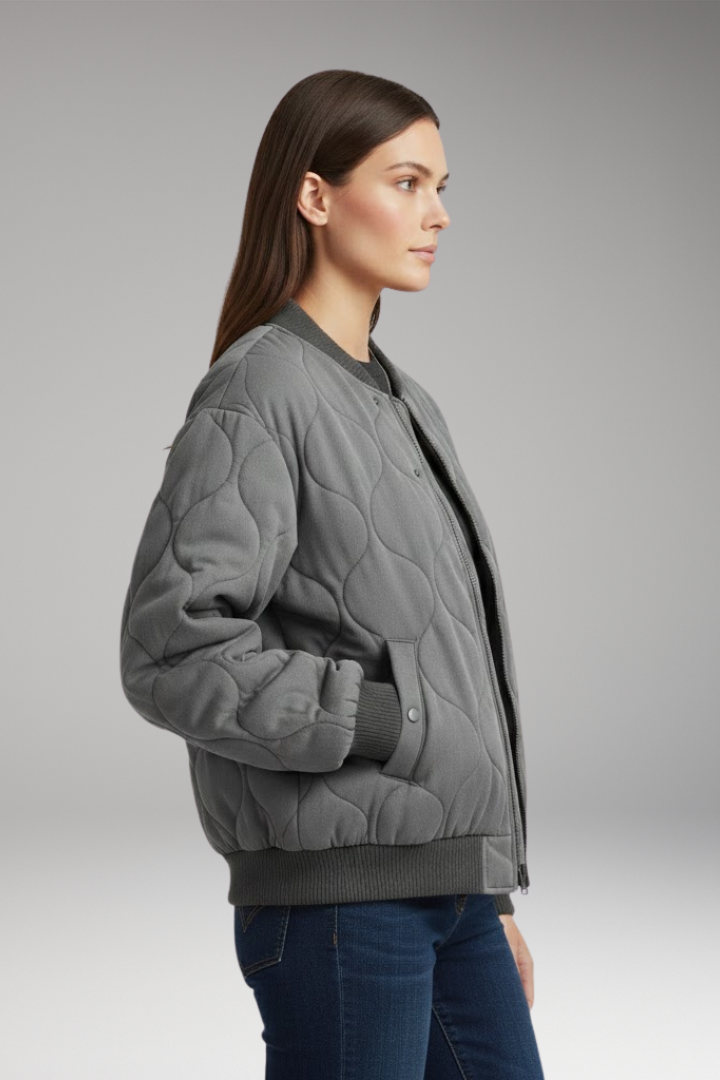 Women's Quilted Bomber Jacket with High Collar and Ribbed Edges