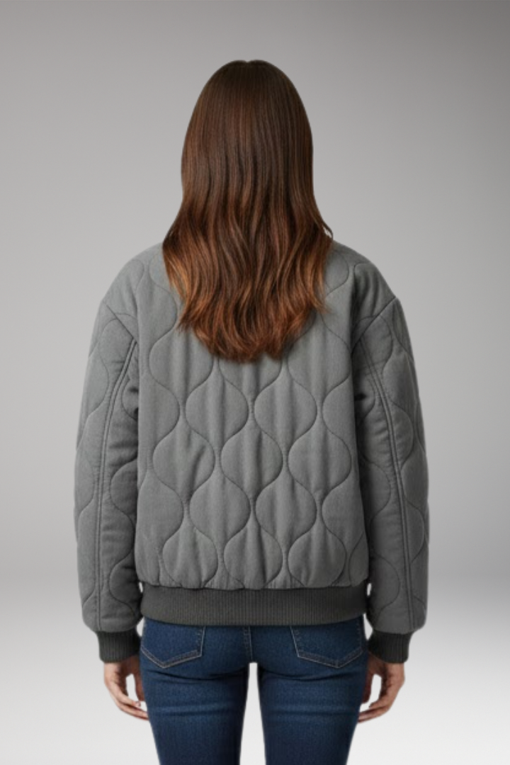 Women's Quilted Bomber Jacket with High Collar and Ribbed Edges