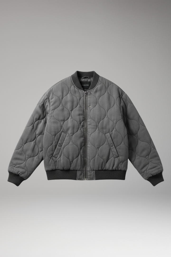 Women's Quilted Bomber Jacket with High Collar and Ribbed Edges