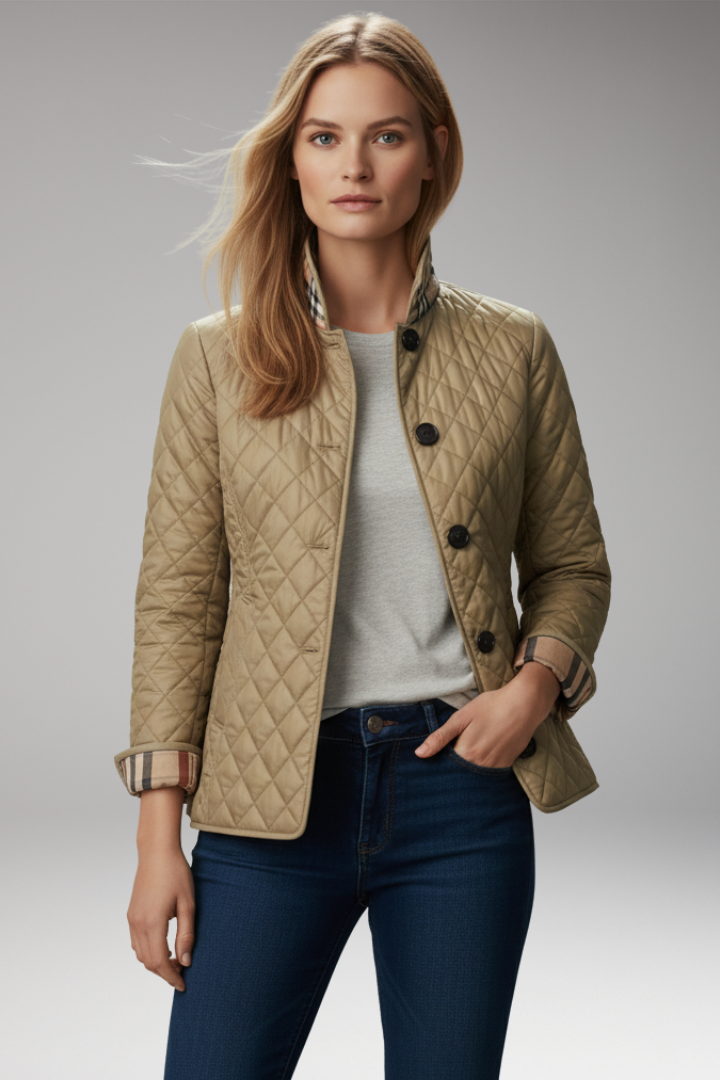 Women's Quilted Jacket with Stand Collar and Button Closure