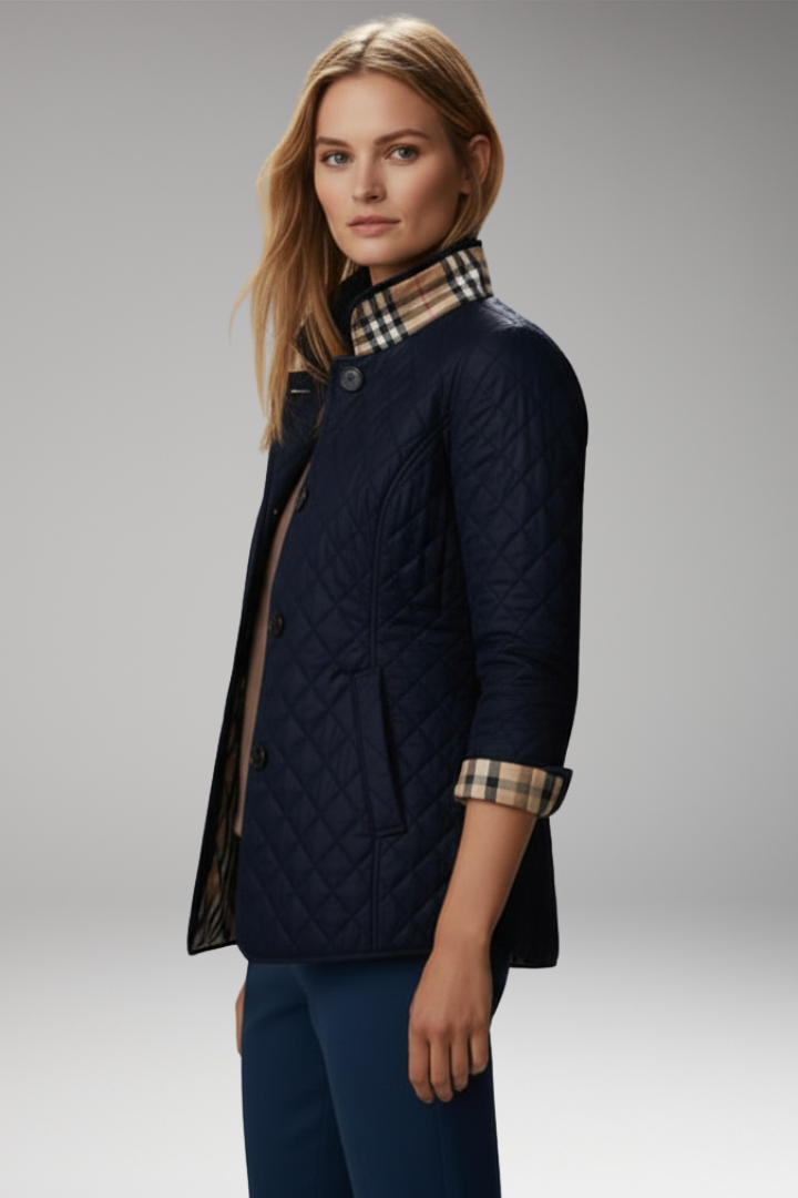 Women's Quilted Jacket with Stand Collar and Button Closure