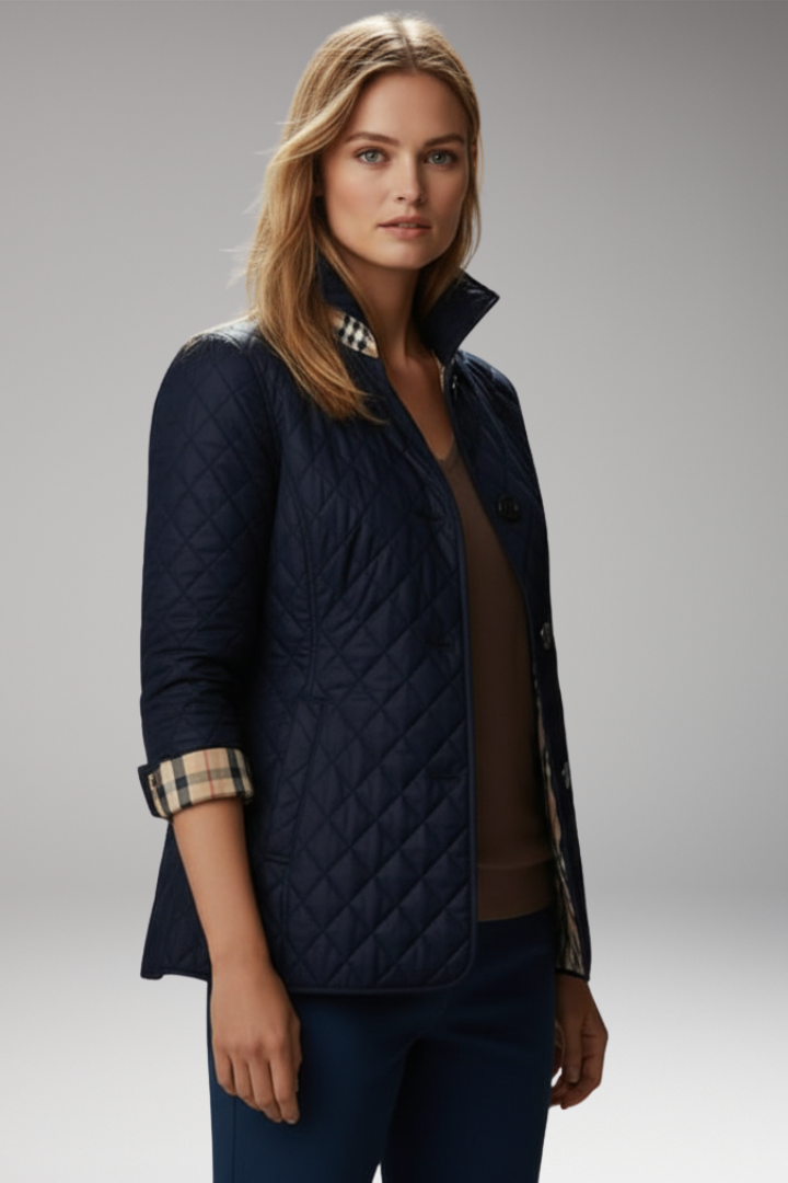 Women's Quilted Jacket with Stand Collar and Button Closure