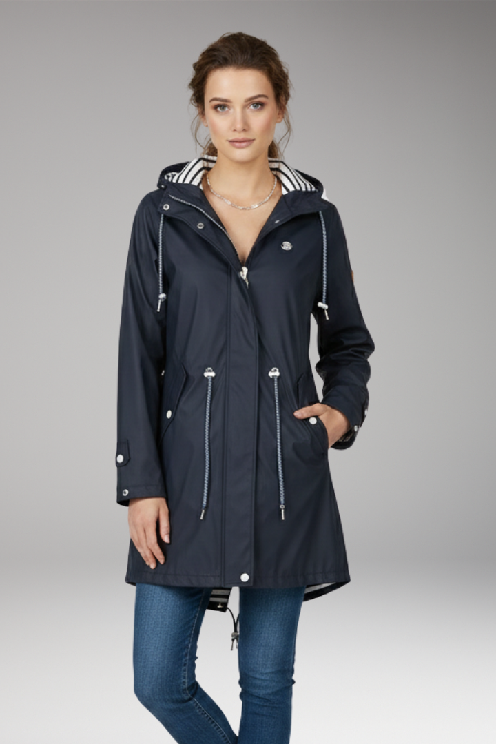 Women's Raincoat with Adjustable Hood and Water-Resistant Design