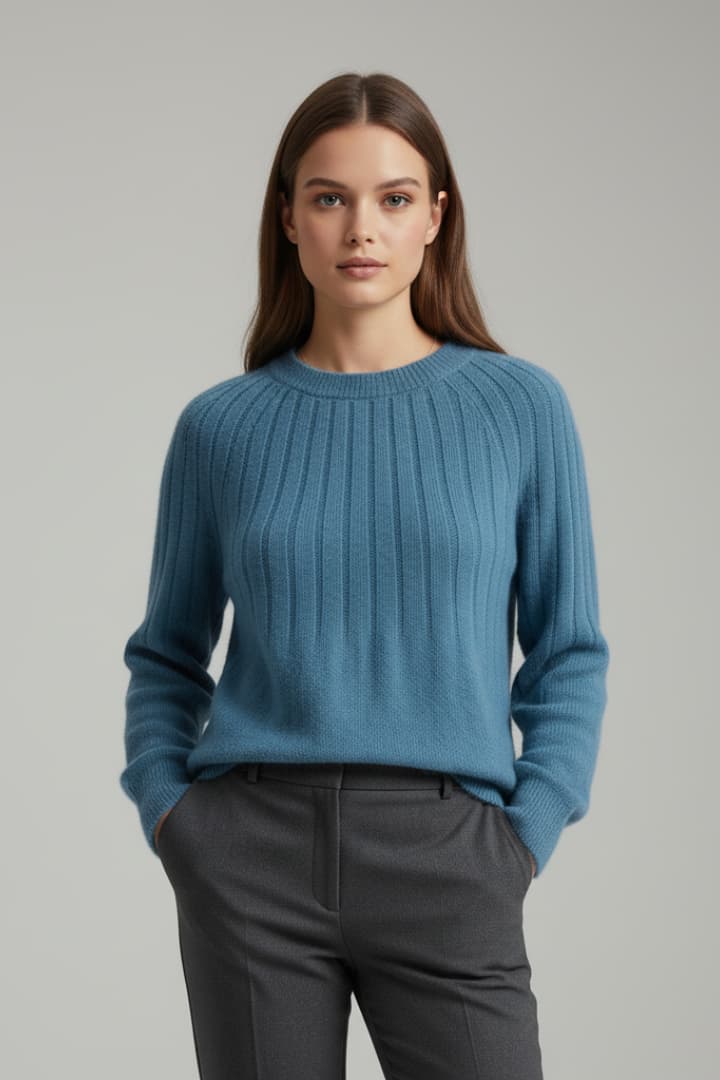 Women's Ribbed Knit Sweater with Round Neck