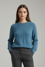 Women's Ribbed Knit Sweater with Round Neck