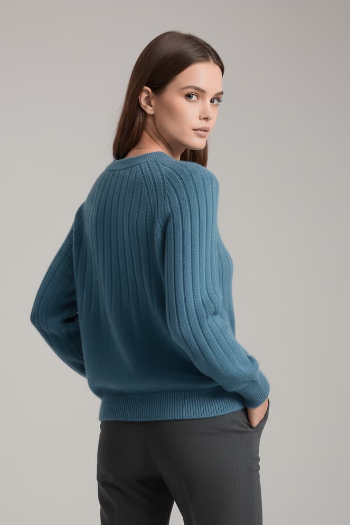 Women's Ribbed Knit Sweater with Round Neck