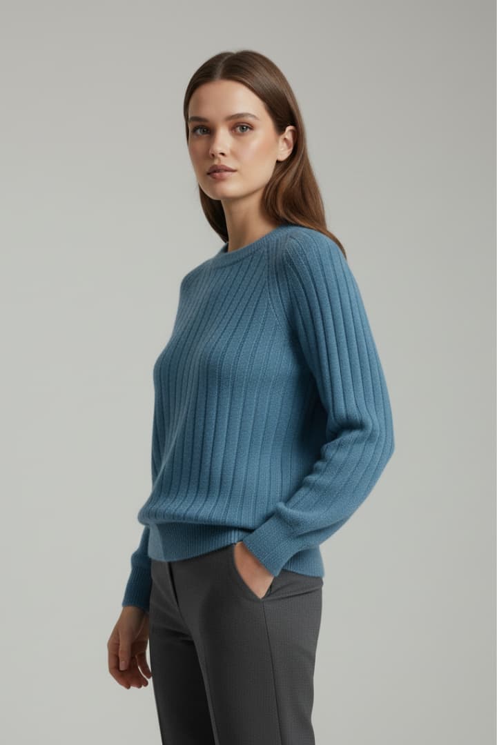 Women's Ribbed Knit Sweater with Round Neck