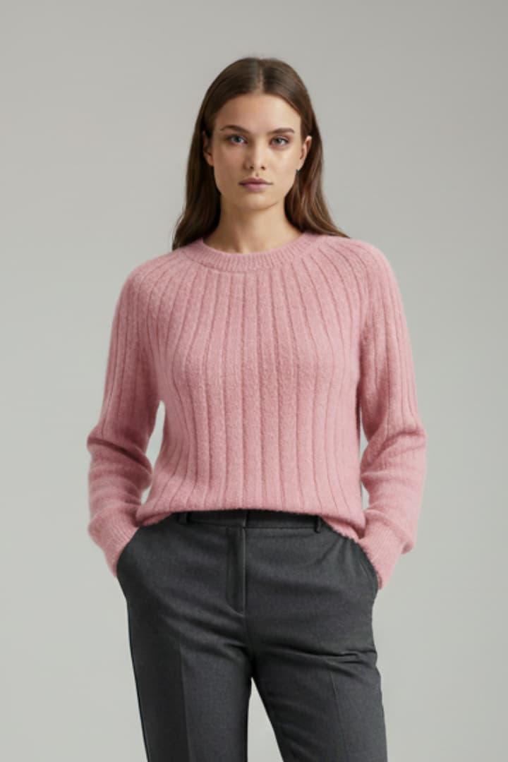 Women's Ribbed Knit Sweater with Round Neck
