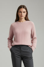 Women's Ribbed Knit Sweater with Round Neck