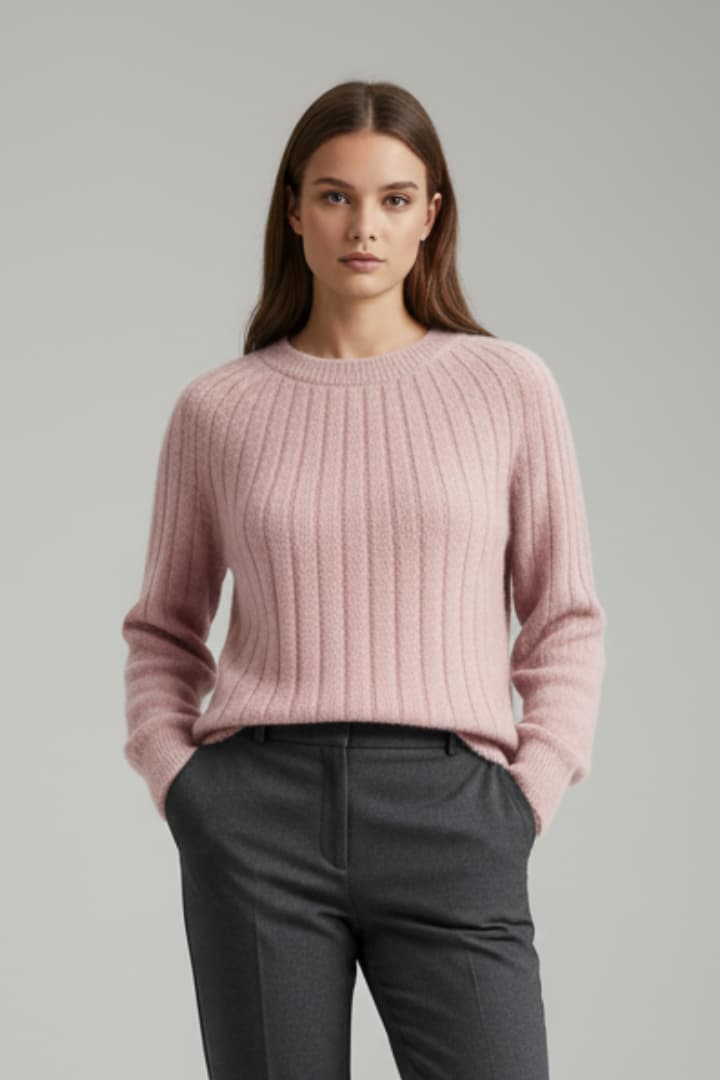 Women's Ribbed Knit Sweater with Round Neck