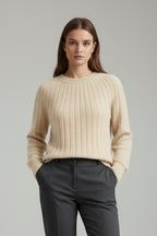 Women's Ribbed Knit Sweater with Round Neck