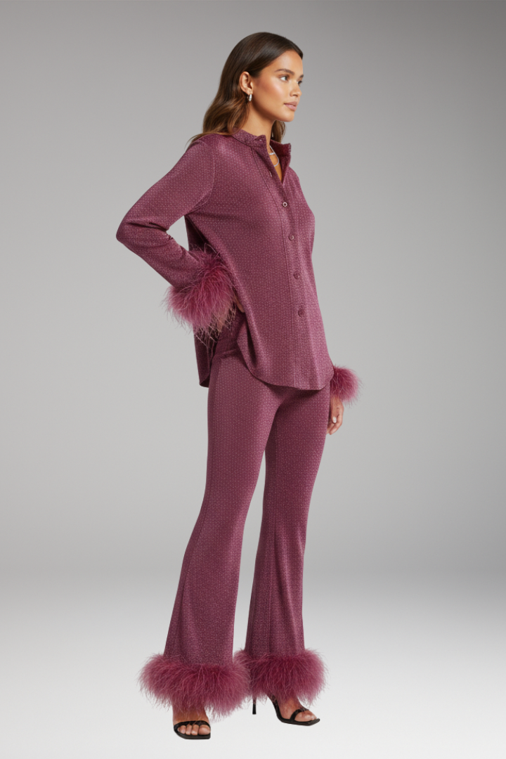 Women's Set with Button Front and Feather Trim