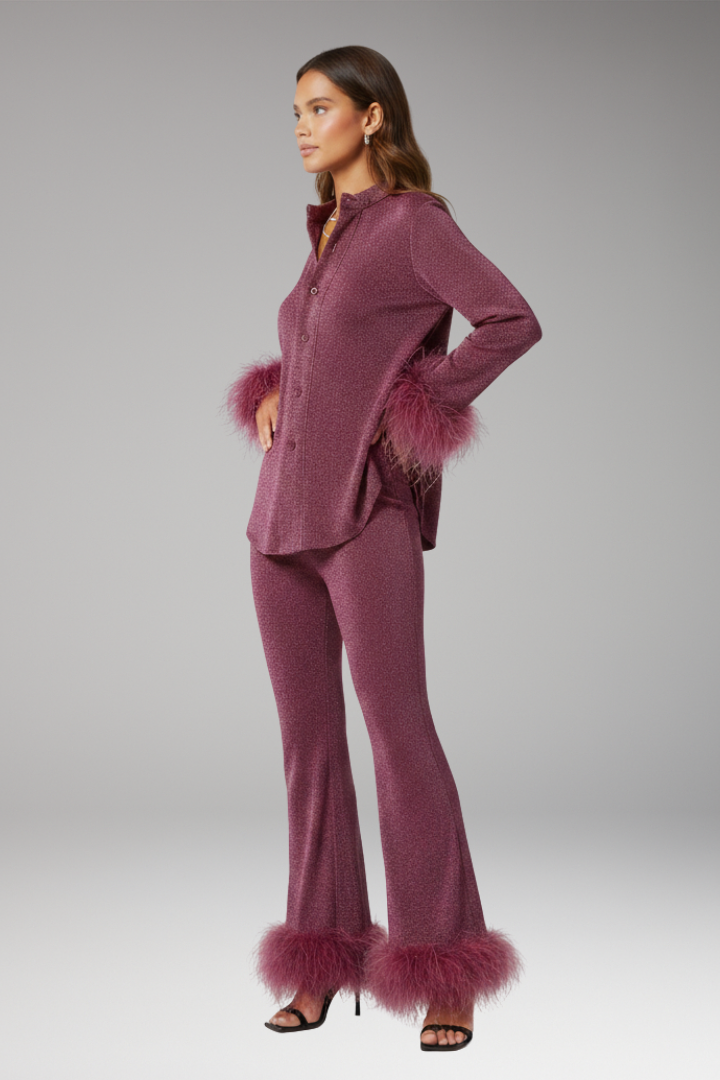 Women's Set with Button Front and Feather Trim