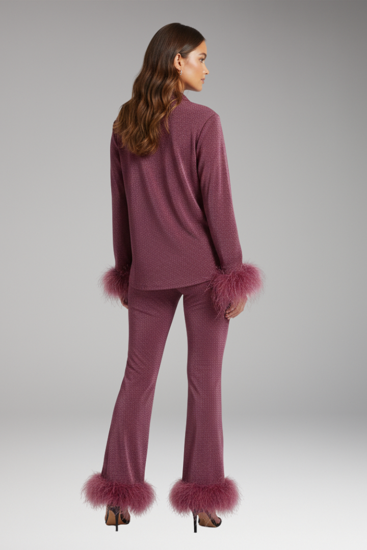 Women's Set with Button Front and Feather Trim