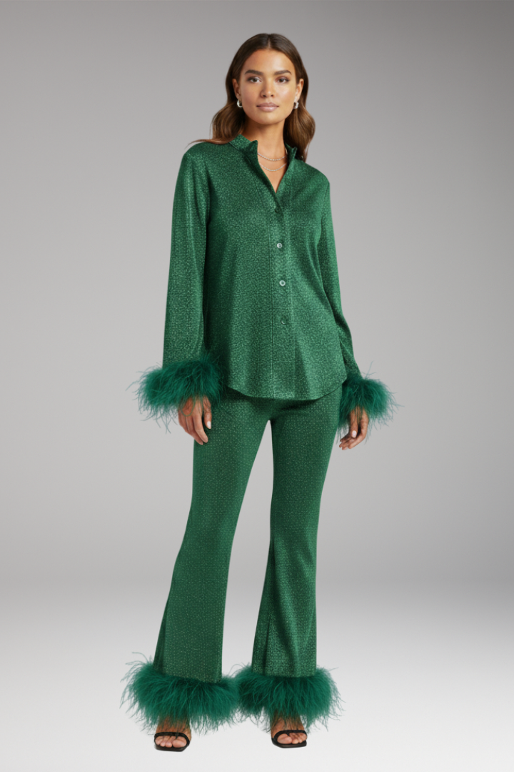 Women's Set with Button Front and Feather Trim