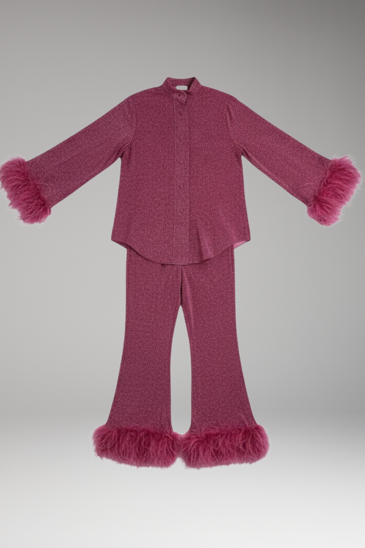 Women's Set with Button Front and Feather Trim