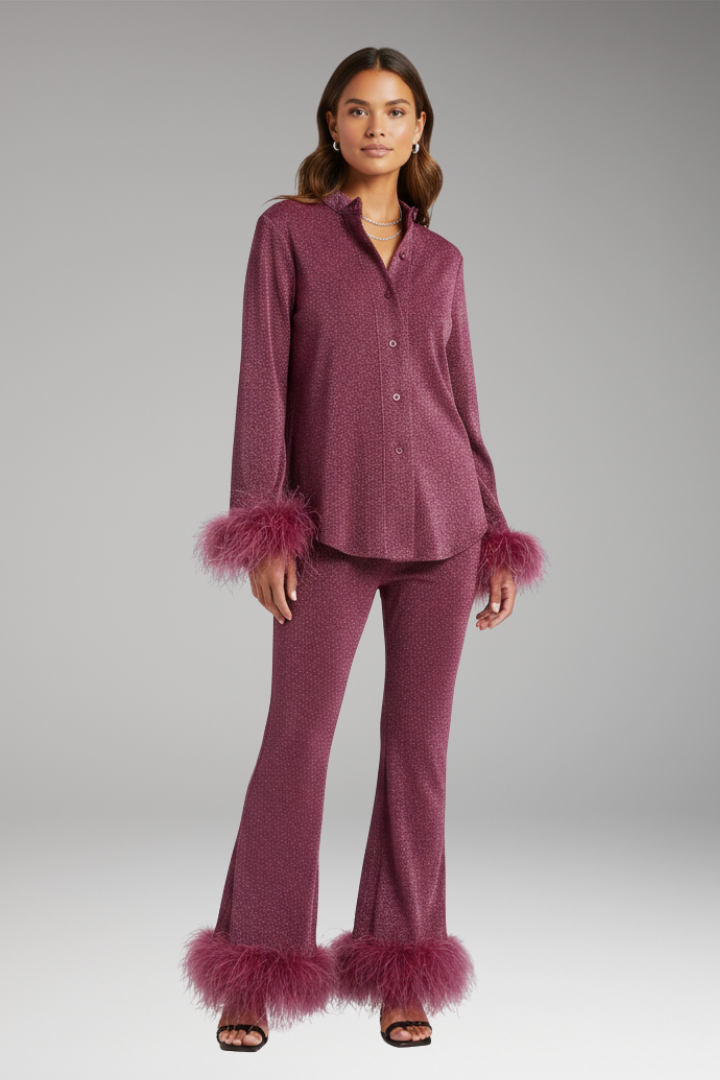 Women's Set with Button Front and Feather Trim