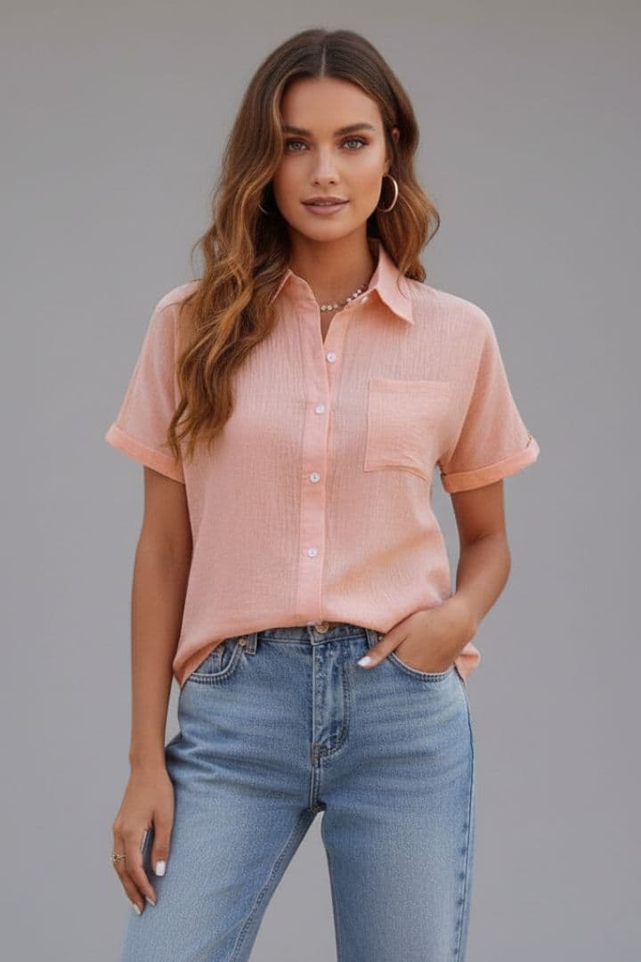 Women's Short-Sleeve Blouse with Collar and Button Closure