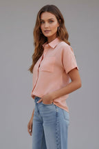 Women's Short-Sleeve Blouse with Collar and Button Closure