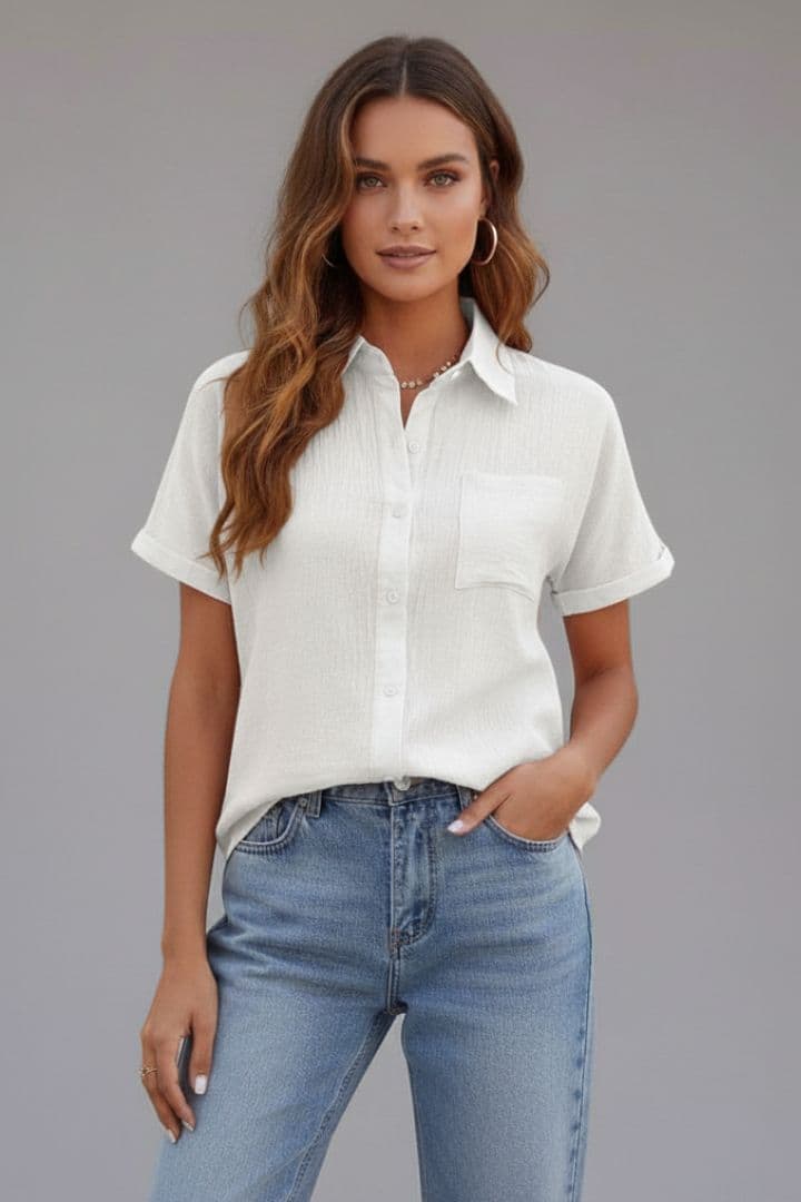 Women's Short-Sleeve Blouse with Collar and Button Closure