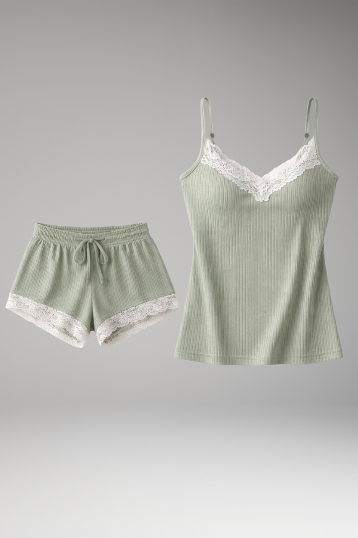 Women's Sleepwear Set with Lace Trim and Adjustable Straps