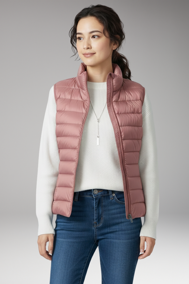 Women's Sleeveless Jacket with Stand-Up Collar and Quilted Design
