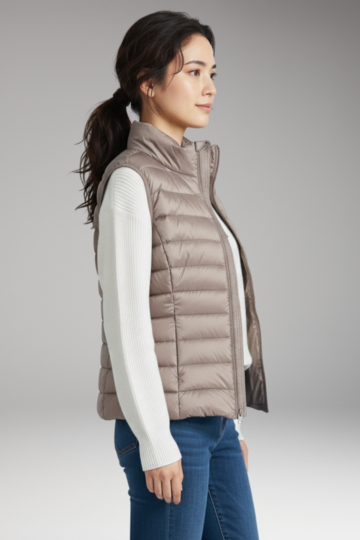 Women's Sleeveless Jacket with Stand-Up Collar and Quilted Design