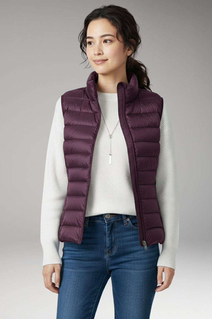 Women's Sleeveless Jacket with Stand-Up Collar and Quilted Design