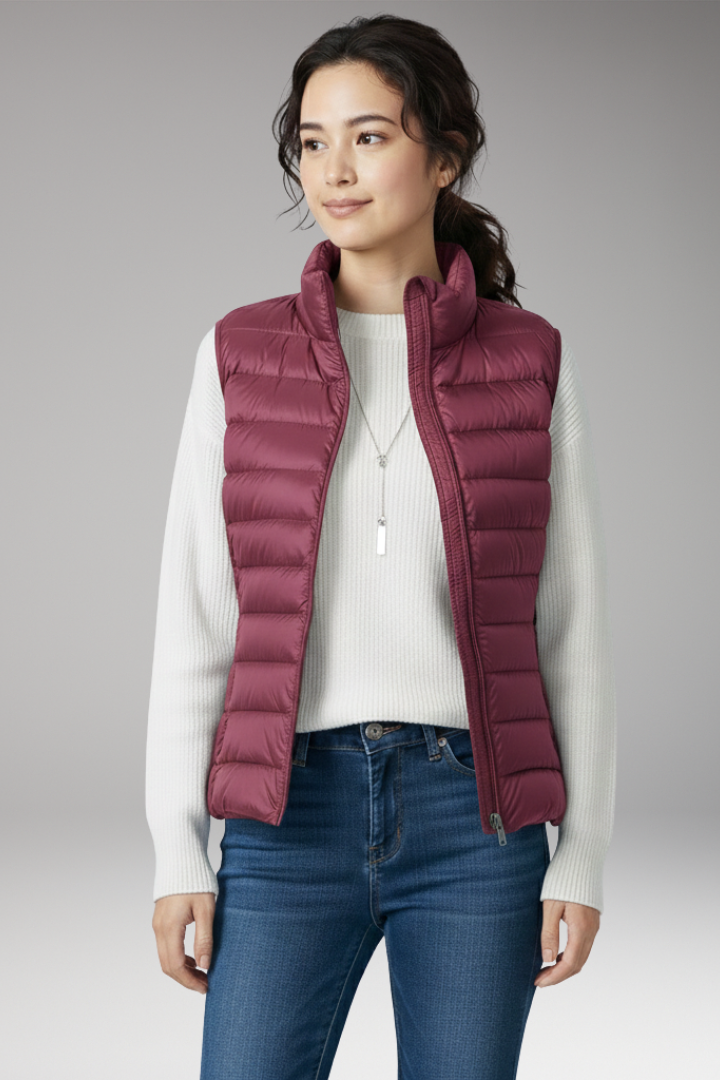 Women's Sleeveless Jacket with Stand-Up Collar and Quilted Design