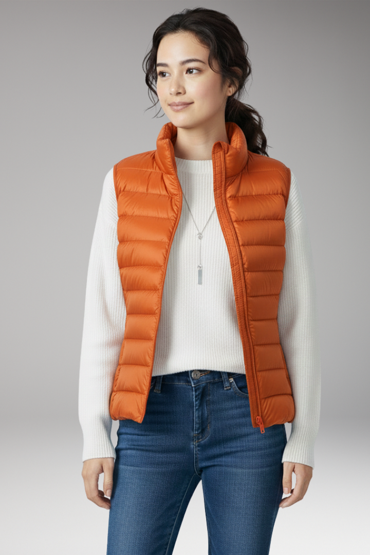 Women's Sleeveless Jacket with Stand-Up Collar and Quilted Design