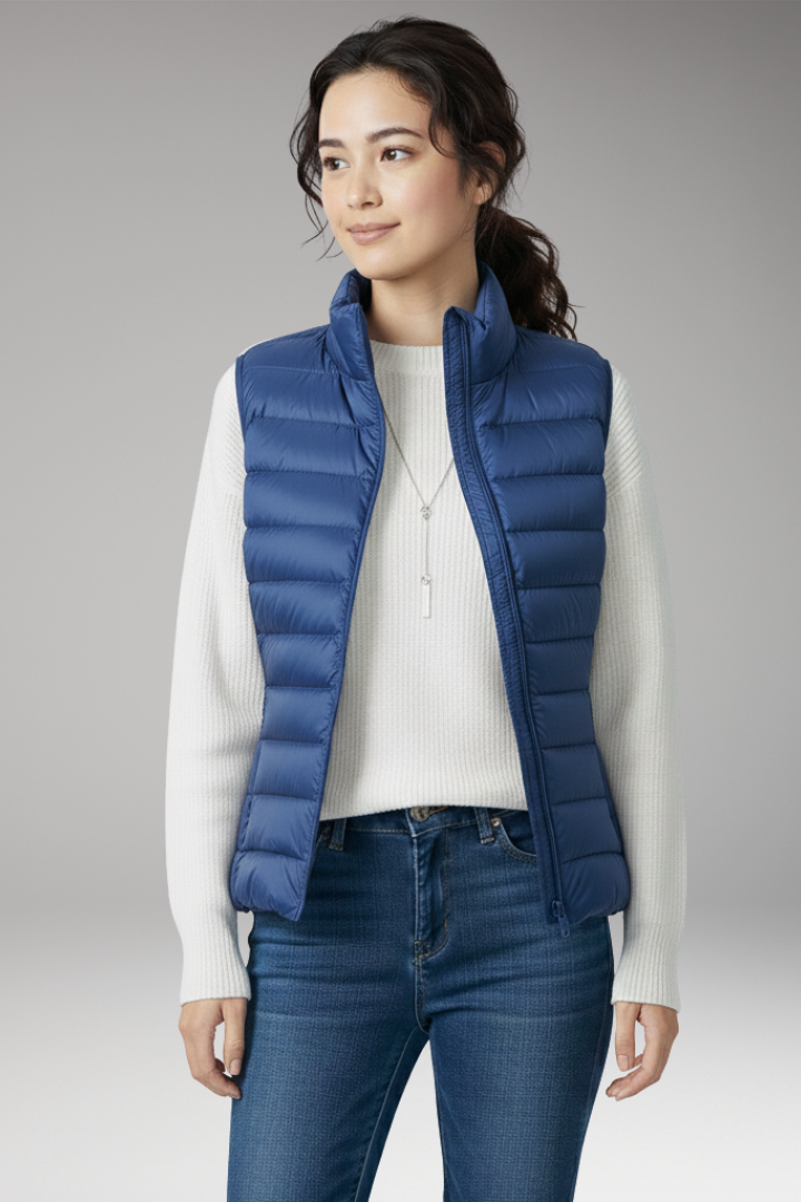 Women's Sleeveless Jacket with Stand-Up Collar and Quilted Design