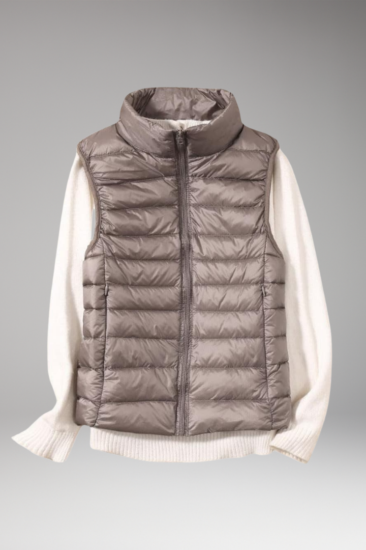 Women's Sleeveless Jacket with Stand-Up Collar and Quilted Design