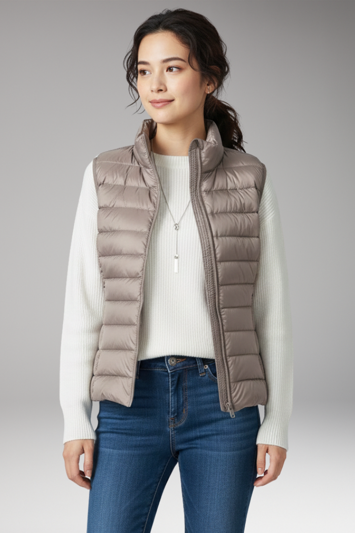 Women's Sleeveless Jacket with Stand-Up Collar and Quilted Design