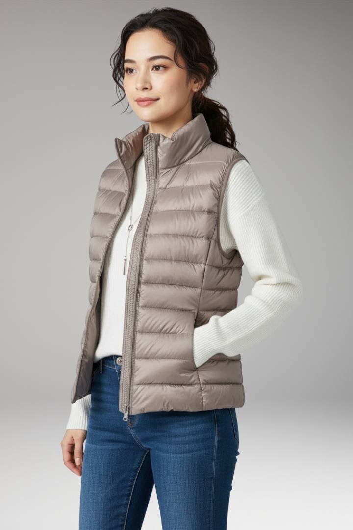 Women's Sleeveless Jacket with Stand-Up Collar and Quilted Design