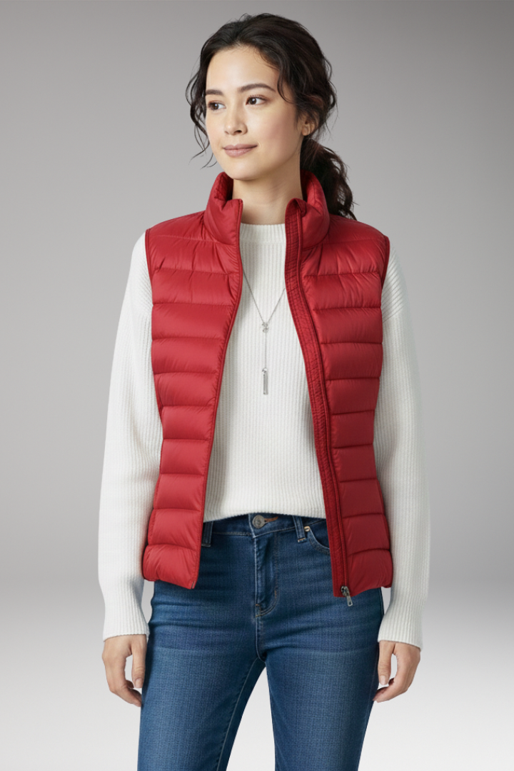 Women's Sleeveless Jacket with Stand-Up Collar and Quilted Design