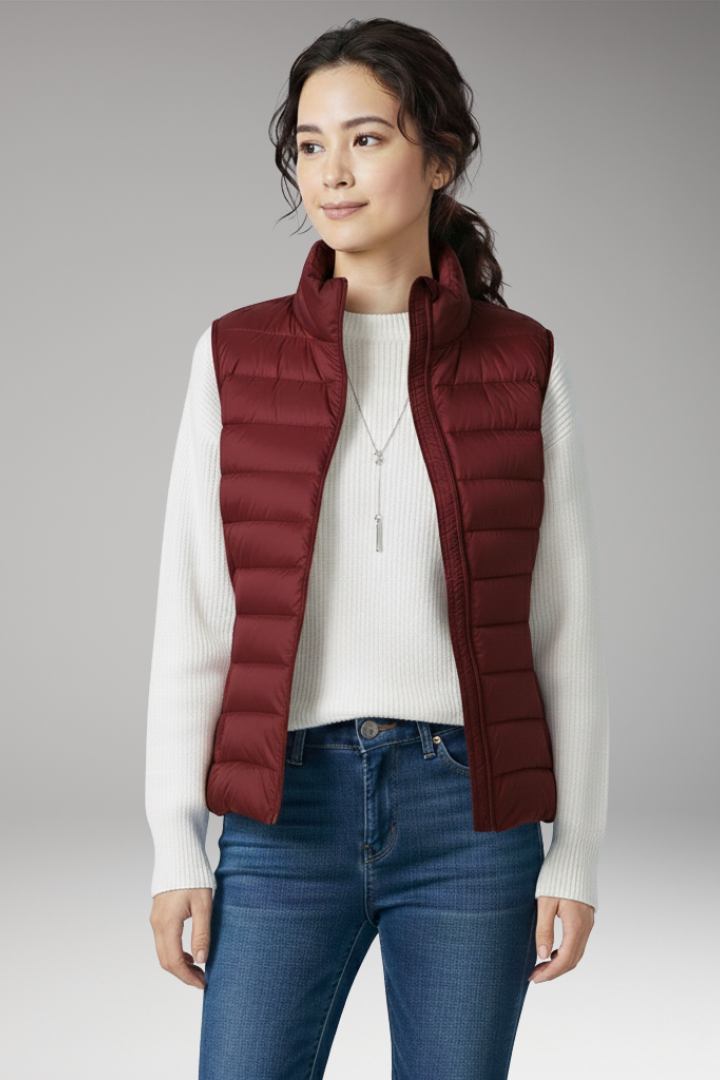 Women's Sleeveless Jacket with Stand-Up Collar and Quilted Design