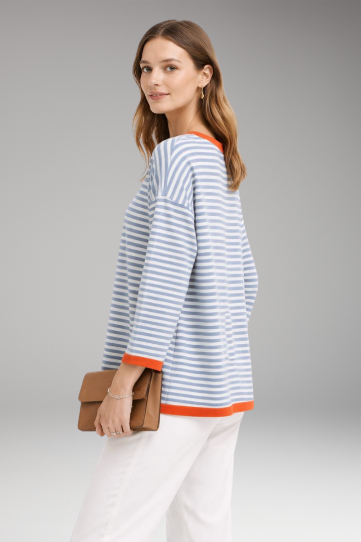 Women's Striped Top with Contrasting Trim and Long Sleeves