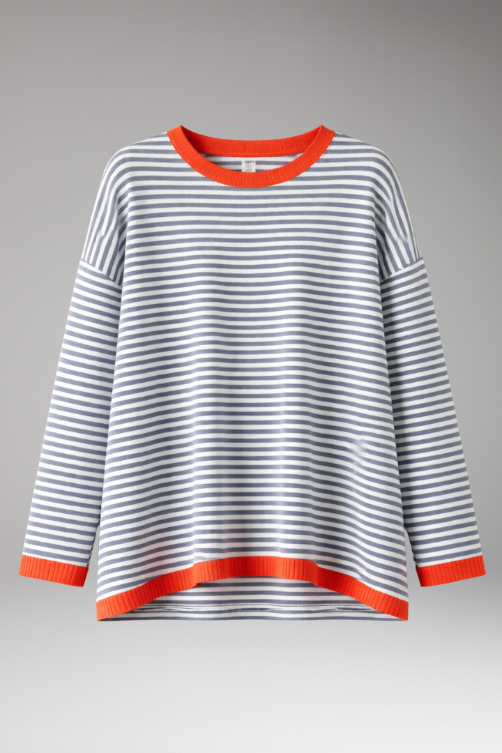 Women's Striped Top with Contrasting Trim and Long Sleeves