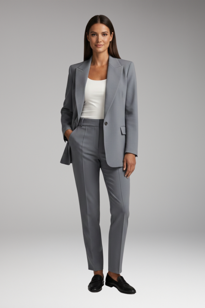 Women's Suit Set with Notched Blazer and Straight Trousers