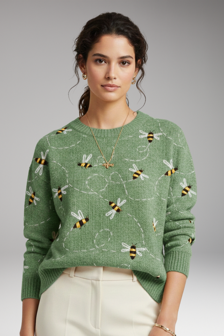 Women's Sweater with Bee Motifs and Long Sleeves