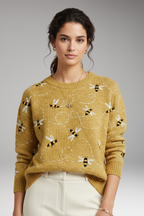 Women's Sweater with Bee Motifs and Long Sleeves