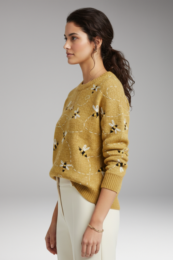 Women's Sweater with Bee Motifs and Long Sleeves