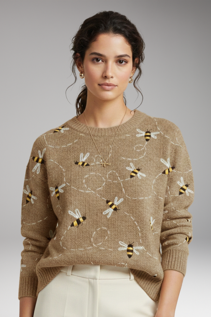 Women's Sweater with Bee Motifs and Long Sleeves