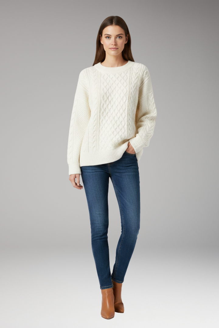 Women's Sweater with Crew Neck and Cable Surface