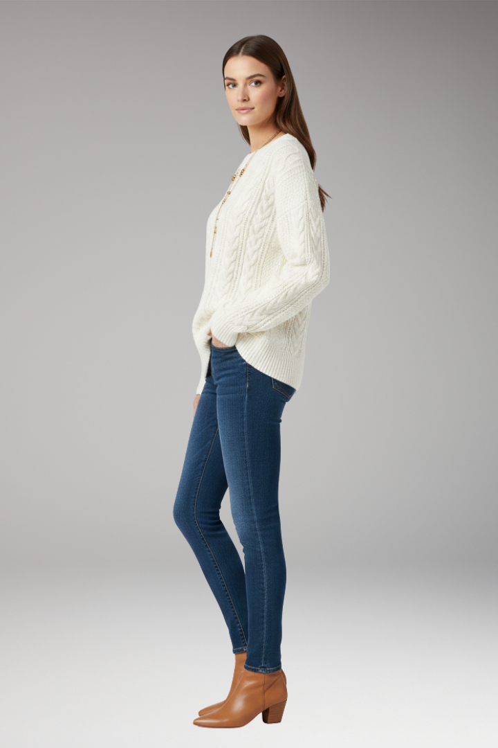 Women's Sweater with Crew Neck and Cable Surface