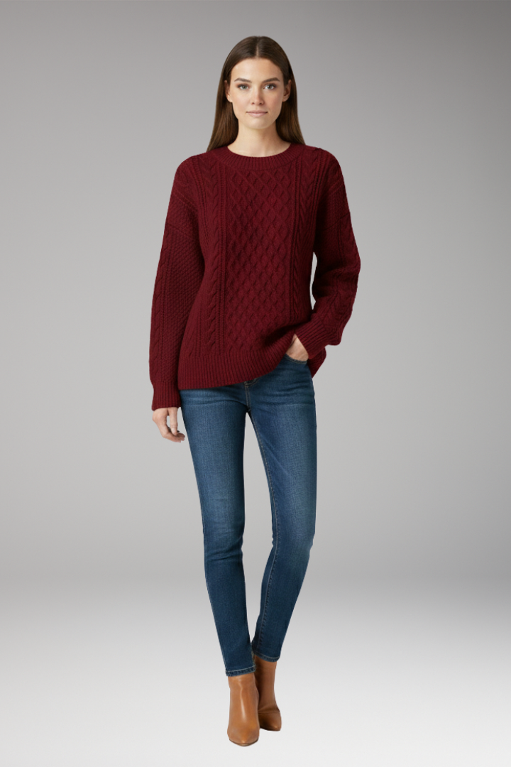 Women's Sweater with Crew Neck and Cable Surface