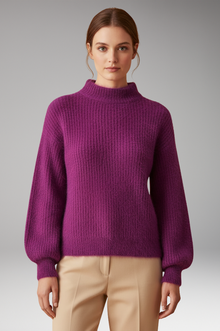 Women's Sweater with High Neck and Textured Surface