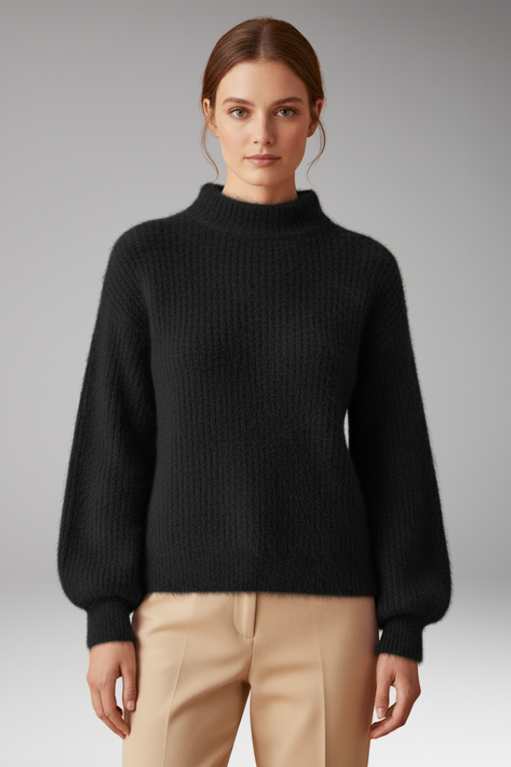Women's Sweater with High Neck and Textured Surface