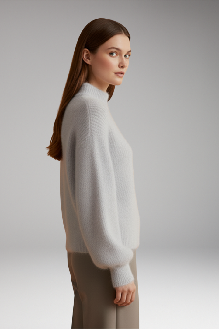 Women's Sweater with High Neck and Textured Surface