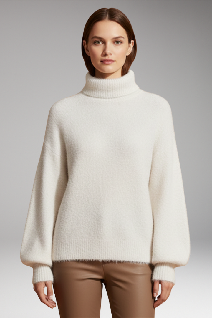 Women's Sweater with High Neck and Textured Surface